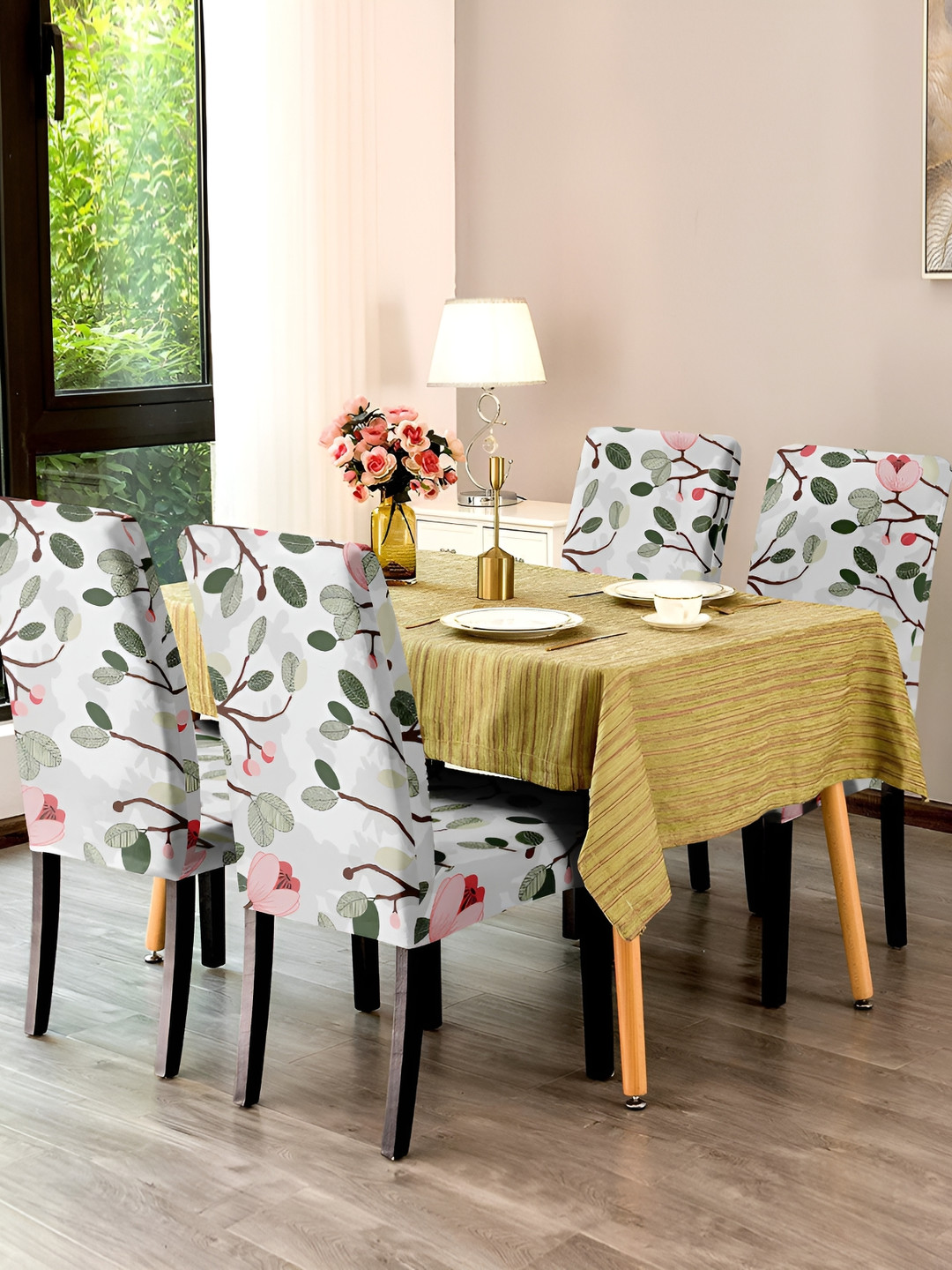 DECOR VATIKA White & Pink 4 Pieces Floral Printed Soft & Elastic Chair Covers