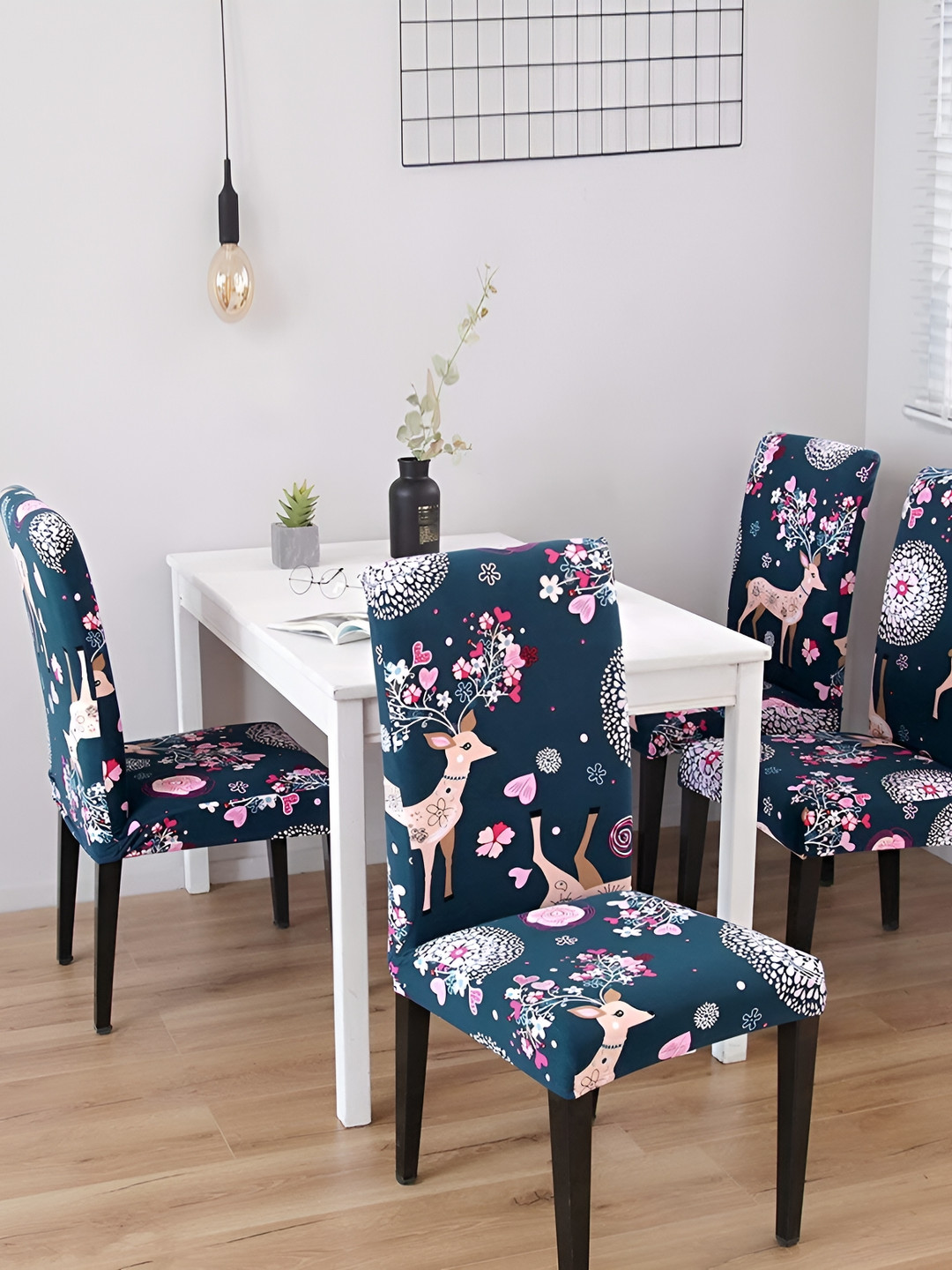 DECOR VATIKA Blue & Brown 4 Pieces Printed Soft & Elastic Chair Covers