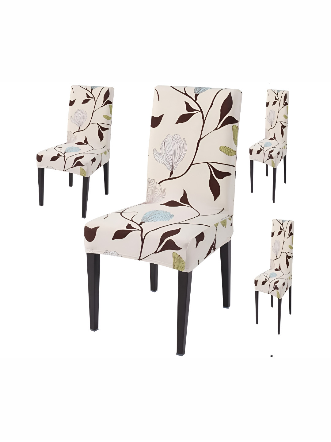 DECOR VATIKA Cream & Brown 4 Pieces Printed Soft & Elastic Chair Covers