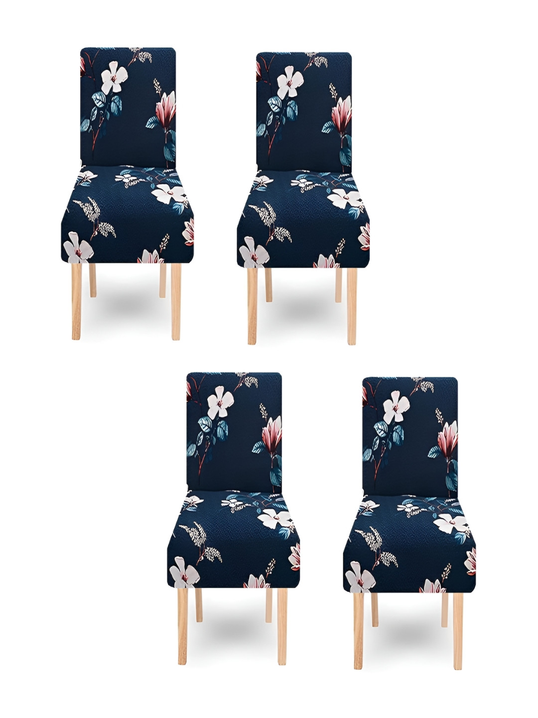 DECOR VATIKA Blue & Pink 4 Pieces Floral Printed Soft & Elastic Chair Covers