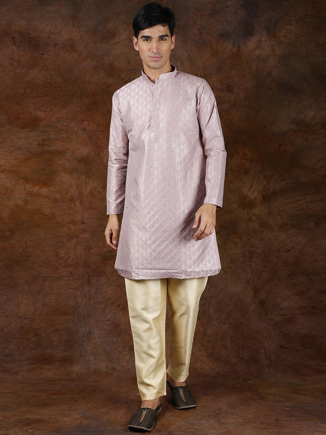 Exotic India Lavender Frost Kantha Embroidered Kurta with Zari Work and Cream Pajama