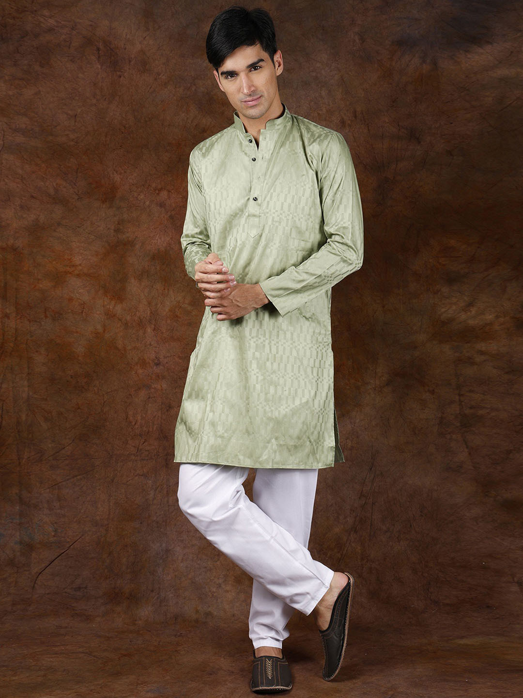 Exotic India Mandarin Collar Kurta with Self-Weave with White Pajama