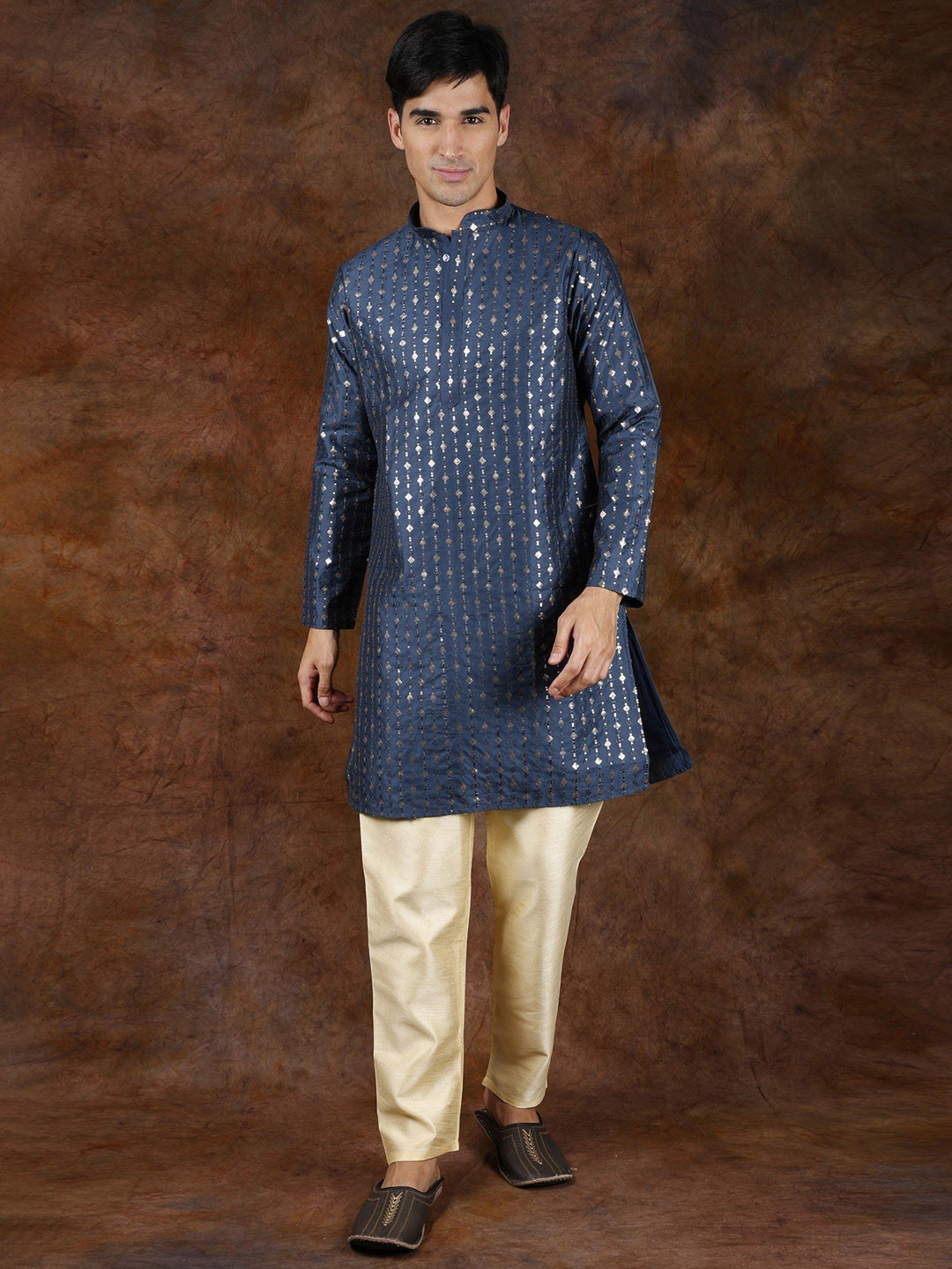 Exotic India Sequins Embroidered Legion Blue Wedding Kurta with Cream Pajama