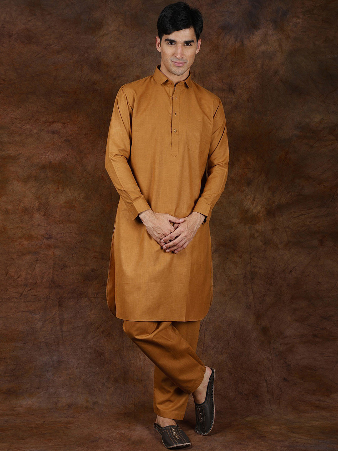Exotic India Cathay Spice Plain Pure Cotton Pathani Kurta Pajama Set with Front Pocket