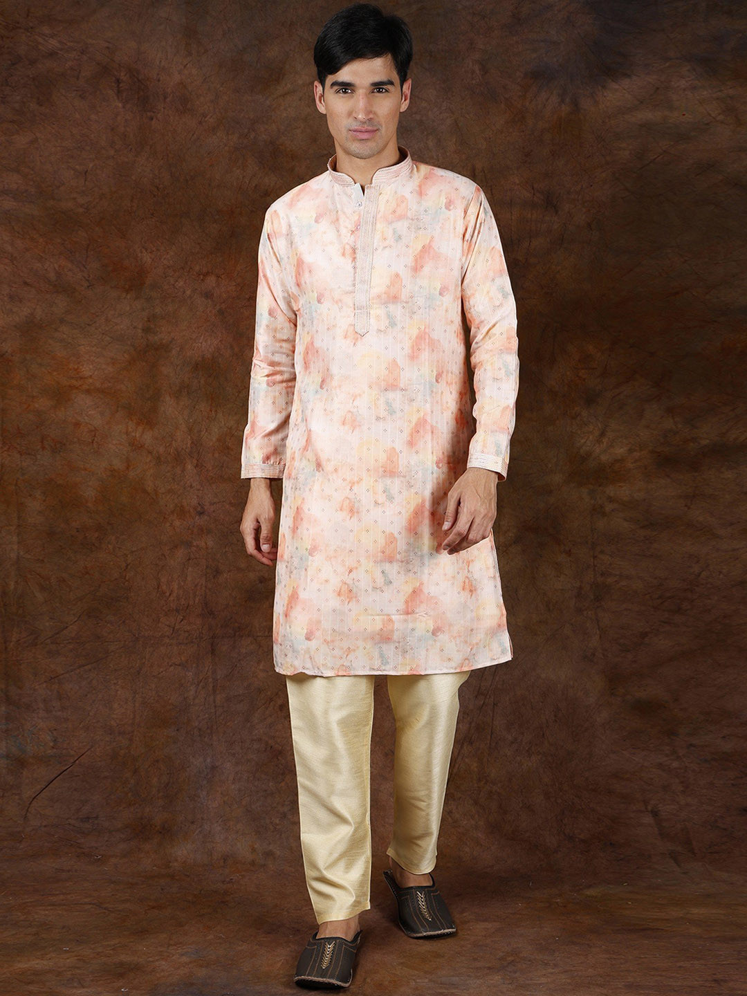 Exotic India Papaya Punch Printed Kurta Pajama with Woven Bootis and Gota-Patti on Neck