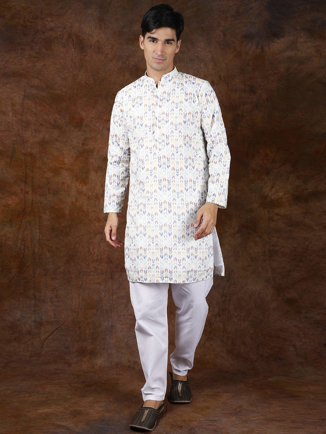 Exotic India Multicolor Printed Kurta Pajama Set with Embroidery in Self-Colored Thread