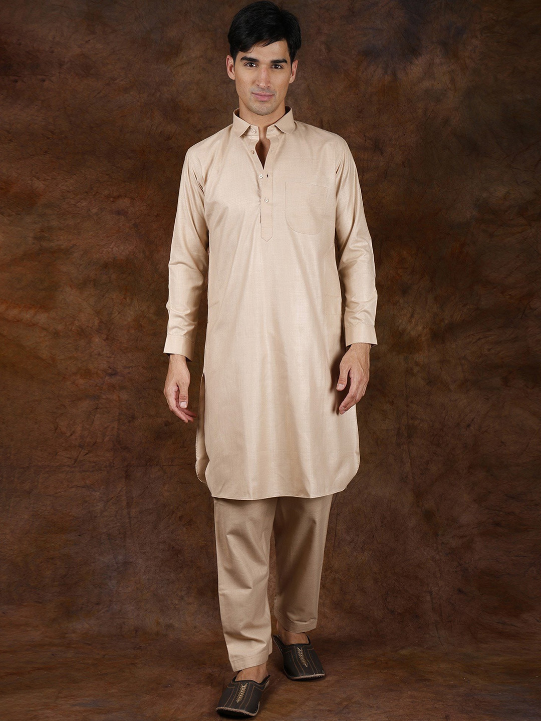 Exotic India Ivory Cream Plain Pure Cotton Pathani Kurta Pajama Set with Front Pocket