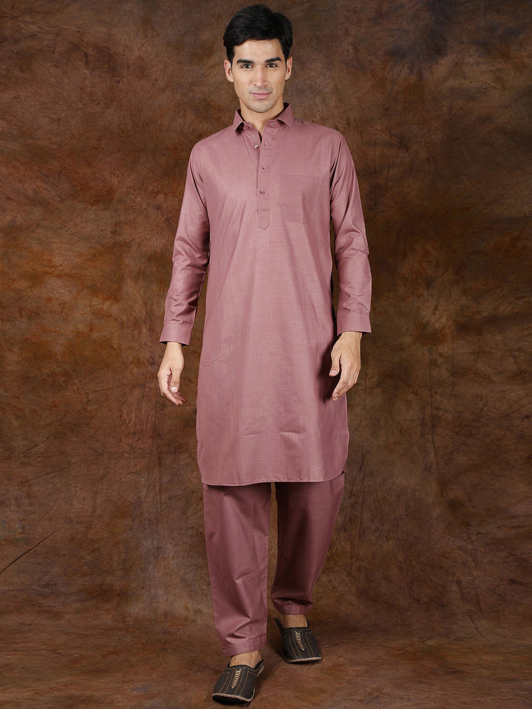 Exotic India Withered Rose Plain Pure Cotton Pathani Kurta Pajama Set with Front Pocket