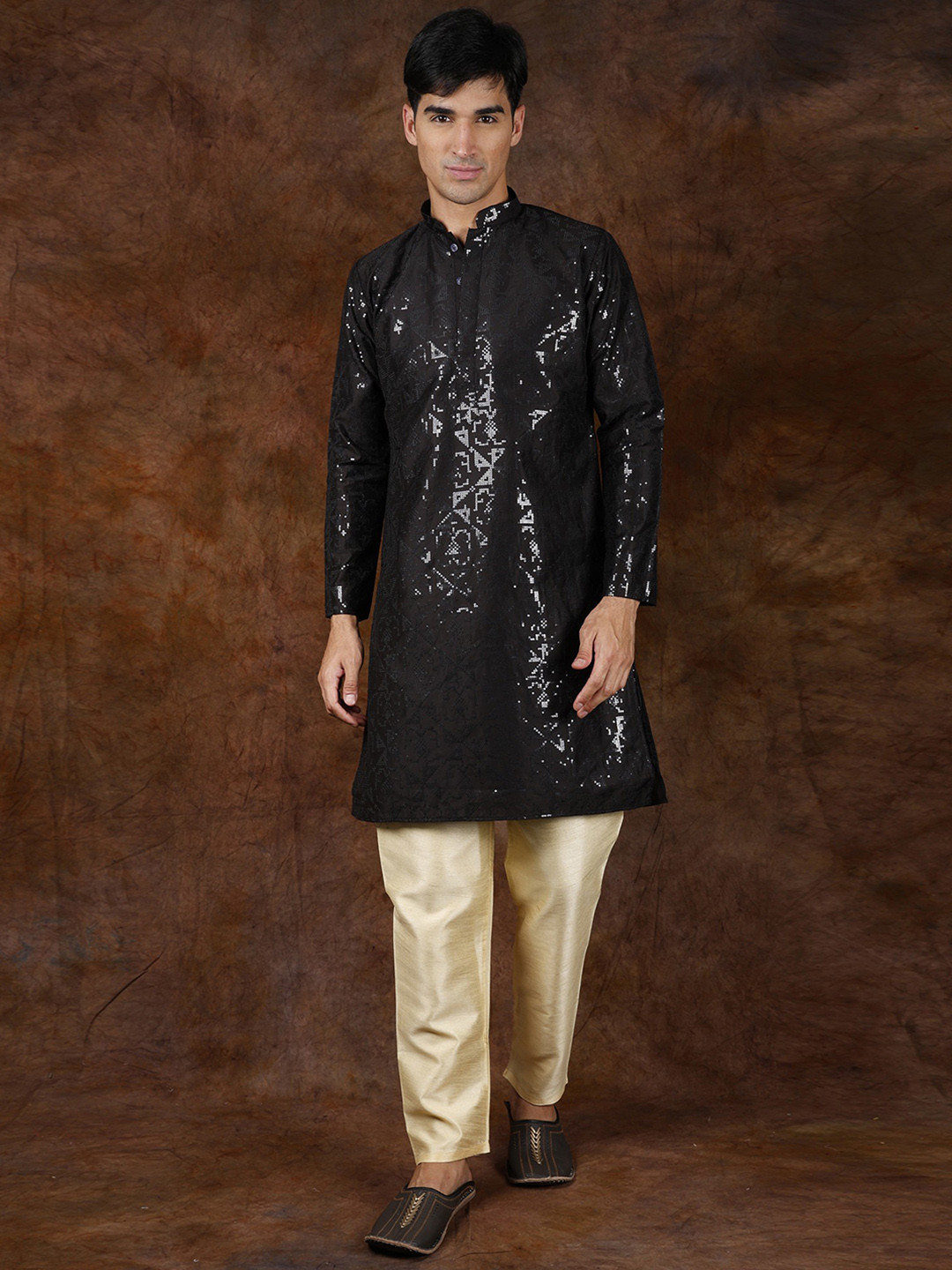 Exotic India Embellished Pirate Black Kurta with Sequin Work and Cream Pajama