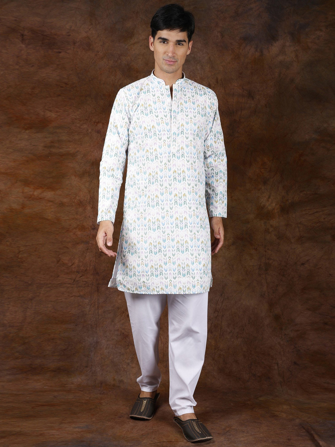 Exotic India Rainbow Printed Kurta Pajama Set with Embroidery in Self-Colored Thread