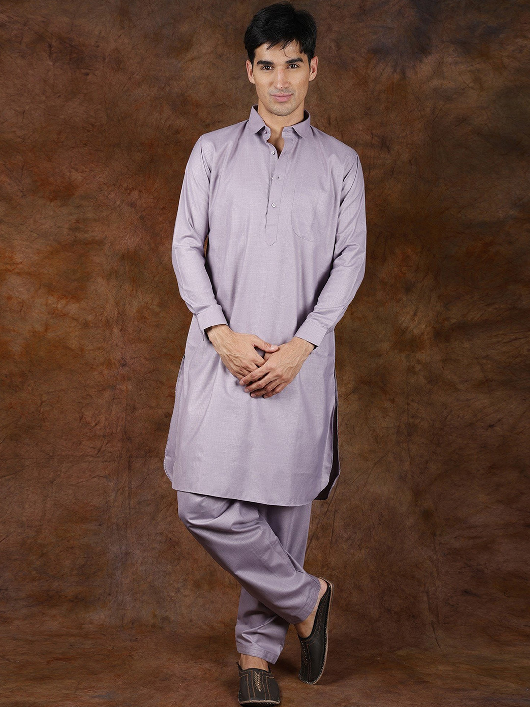 Exotic India Lavender Blue Plain Pure Cotton Pathani Kurta Pajama Set with Front Pocket