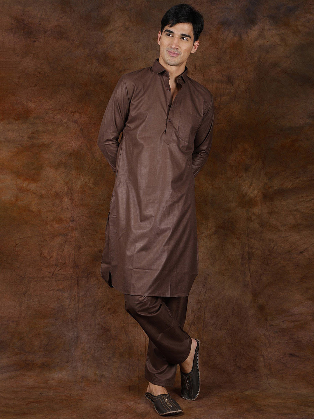 Exotic India Pinecone Plain Pure Cotton Pathani Kurta Pajama Set with Front Pocket