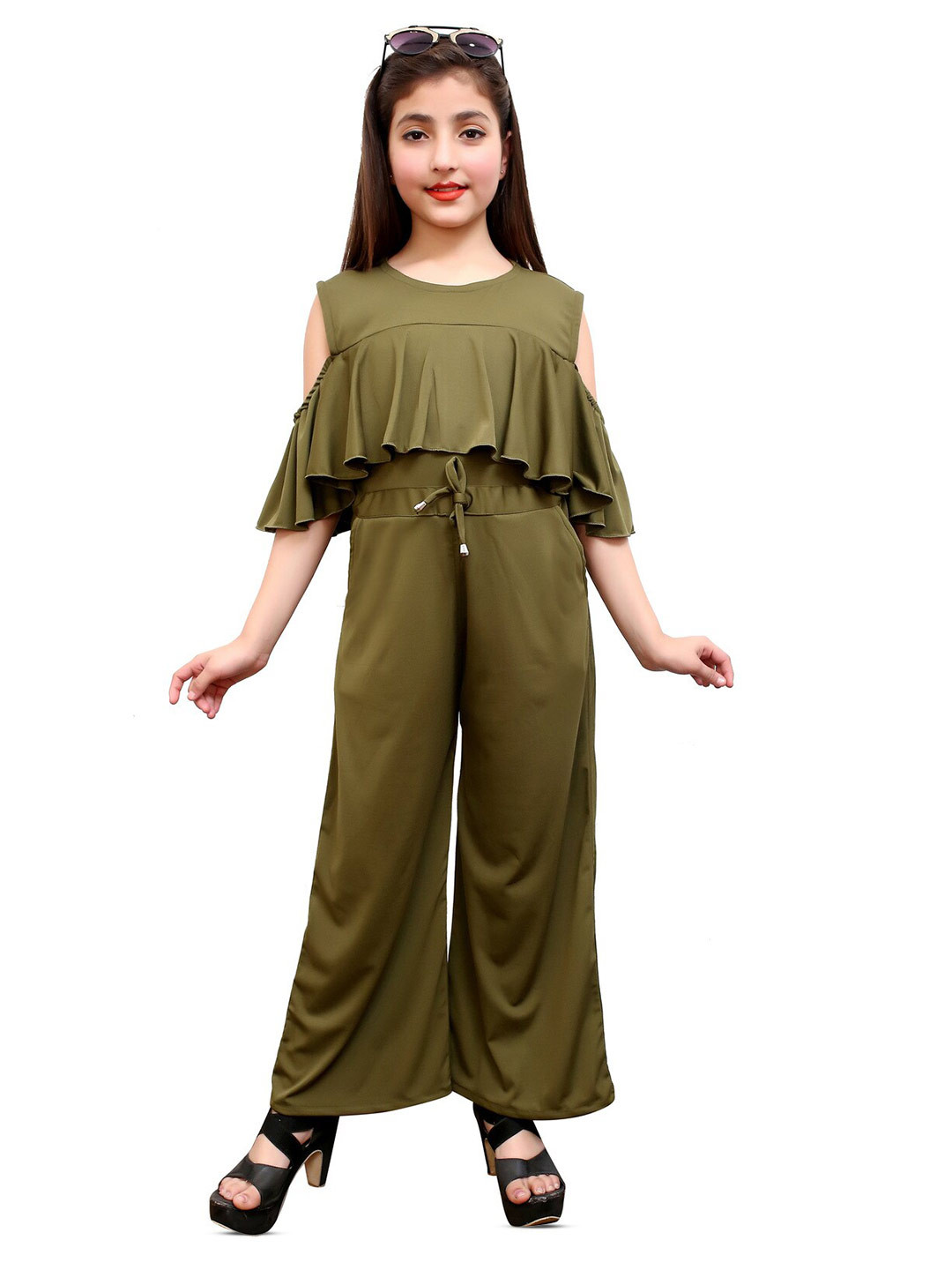 FELLAMO Girls Round Neck Cold-Shoulder Sleeves Basic Jumpsuit