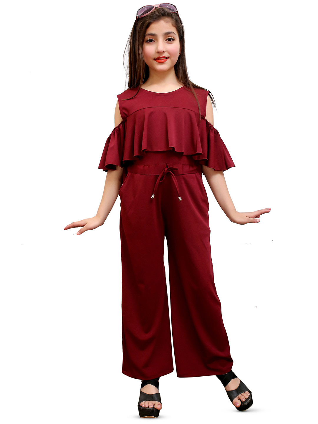 FELLAMO Girls Round Neck Cold-Shoulder Sleeves Basic Jumpsuit