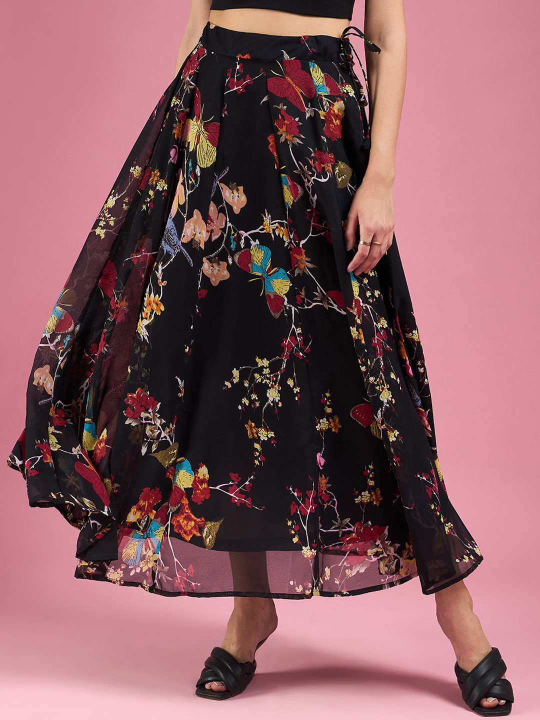 DressBerry Black Floral Printed Flared Maxi Skirts
