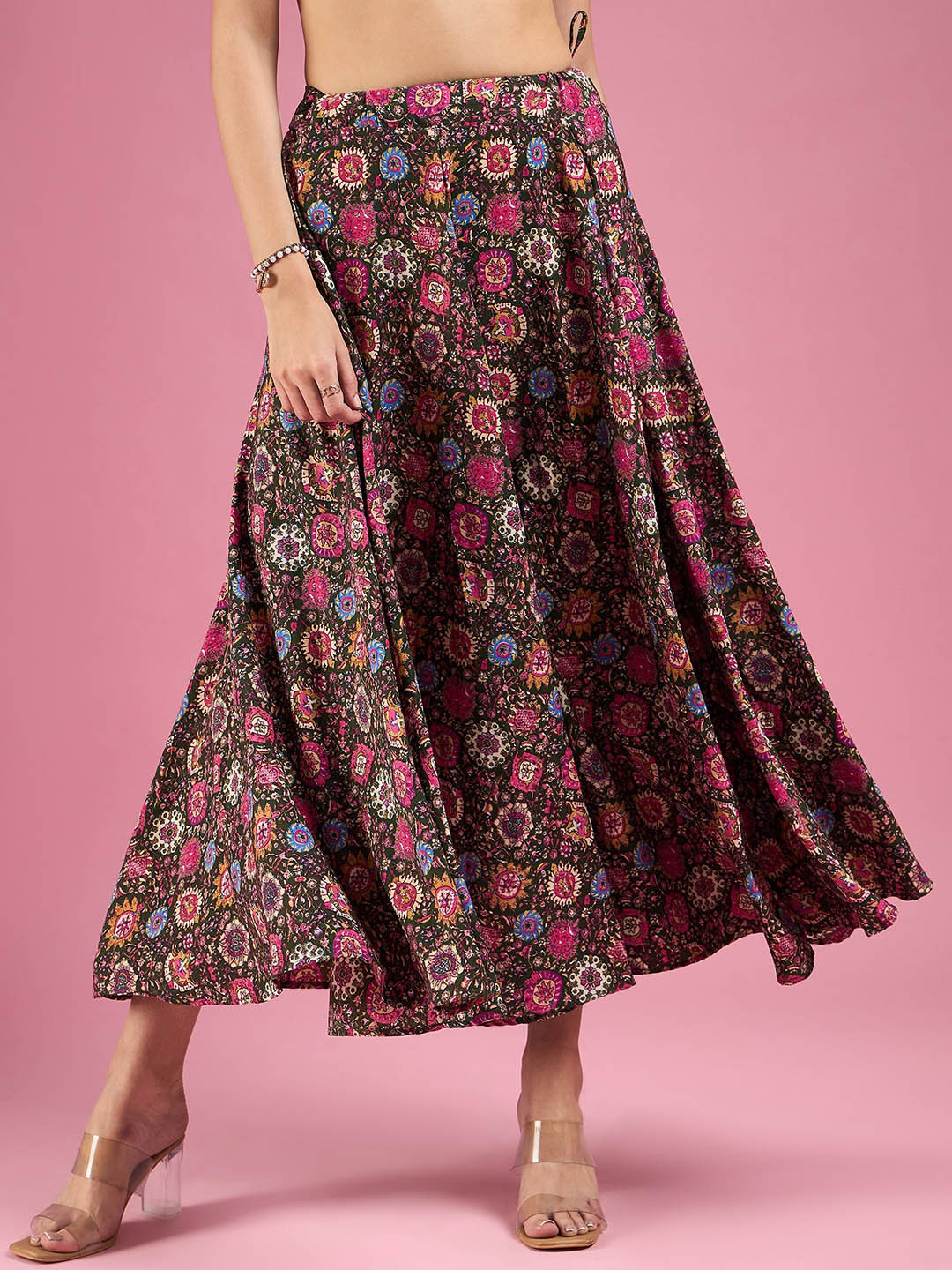 DressBerry Floral Pink Printed Crepe Flared Maxi Skirt