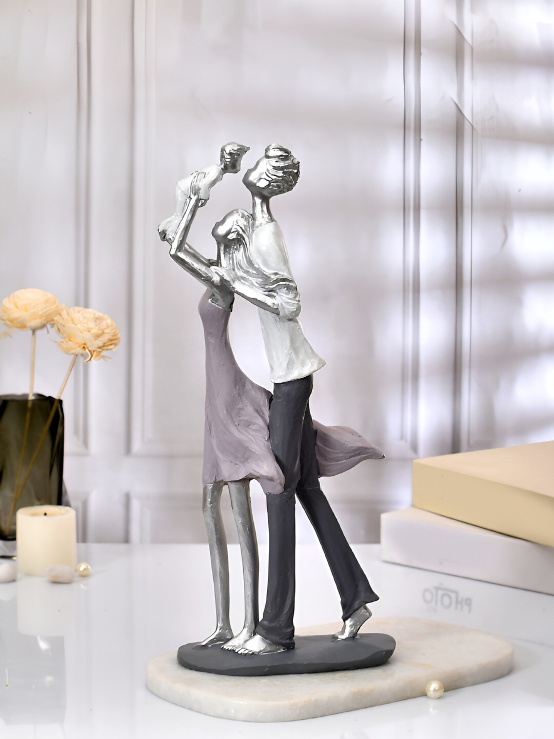 Aura Family Love Silver Polyresin Natural Living Room Medium Showpiece - 13.6 Inches