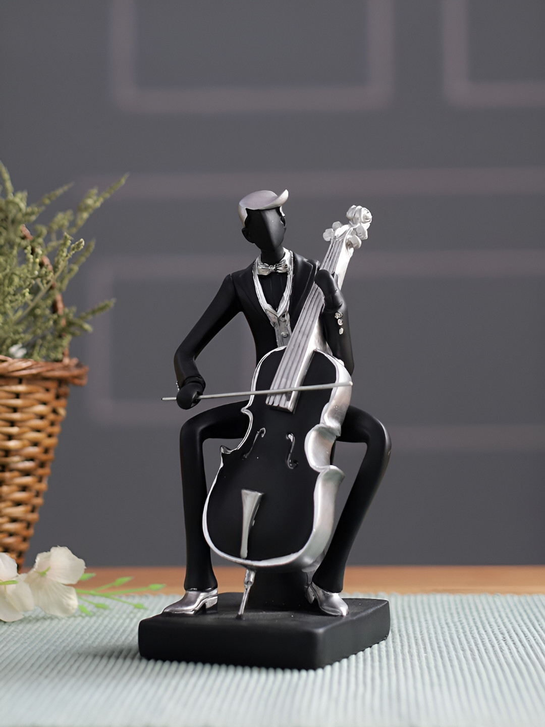 Aura Musician Playing Violin Black Polyresin Metallic Living Room Music Small Showpiece - 8.3 Inches