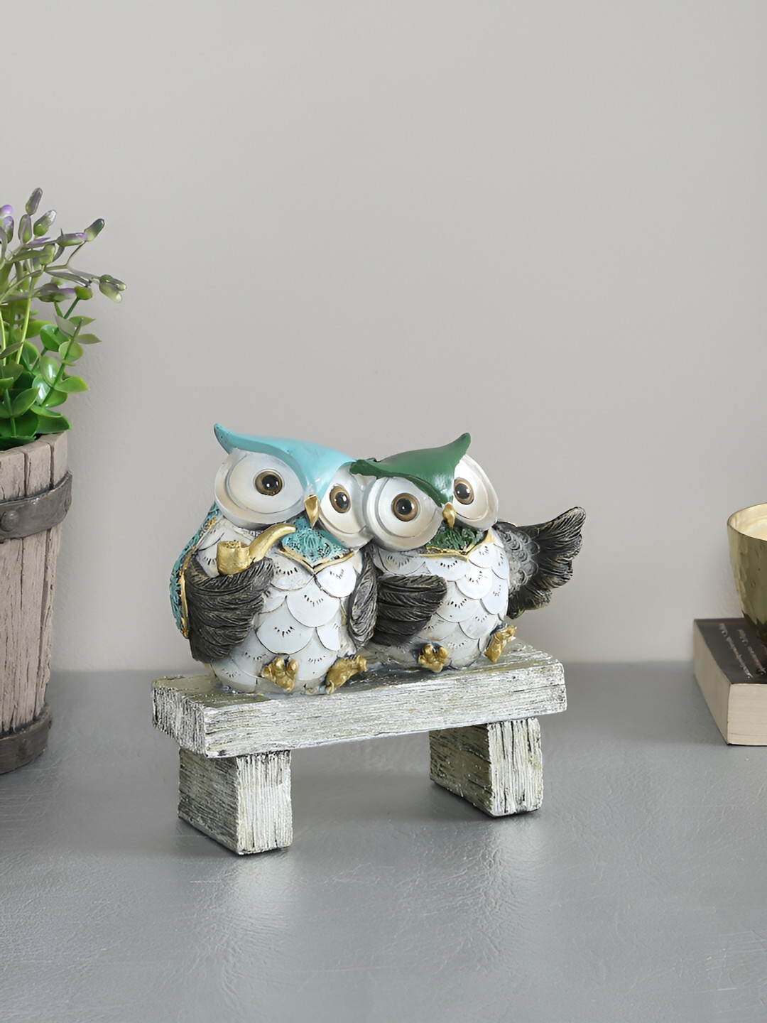 Aura High Spirited Owl Pair White Polyresin Glossy Living Room Small Showpiece - 5.7 Inches