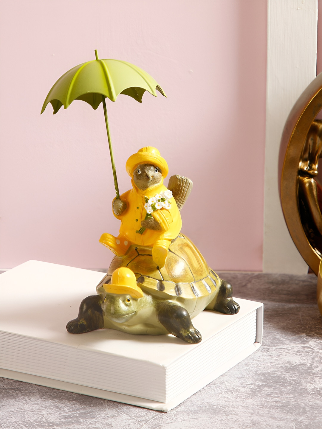 Aura Playful Bird and Turtle Yellow Polyresin Matte Home Office Small Showpiece - 7.9 Inches