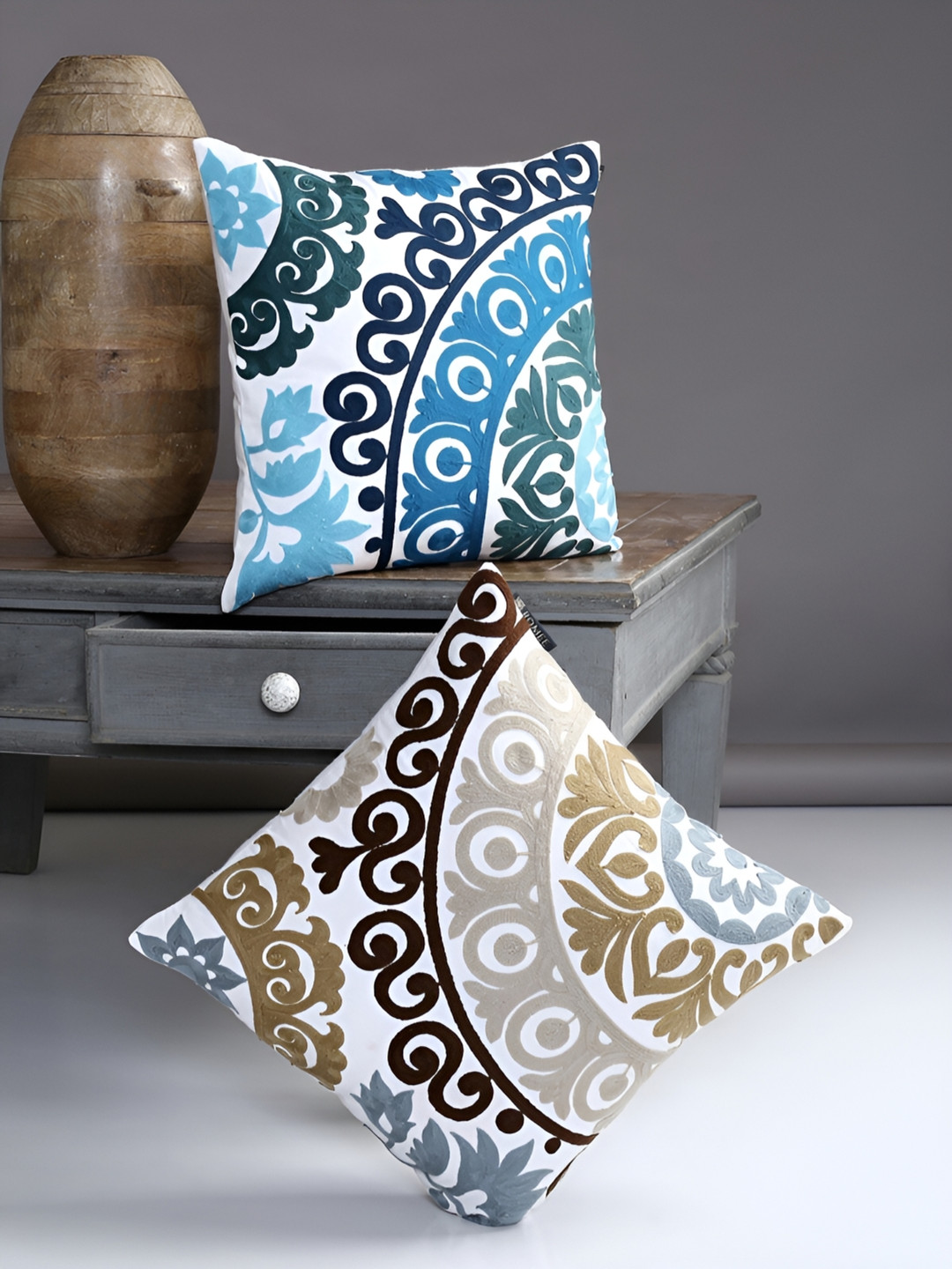 Aura White & Blue 2 Pieces Embroidered Square Cushion Covers