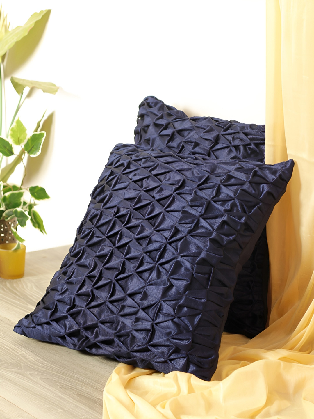 Aura Navy Blue Geometric Chenille Durable 2 Piece Textured Square Cushion Covers -16x16In