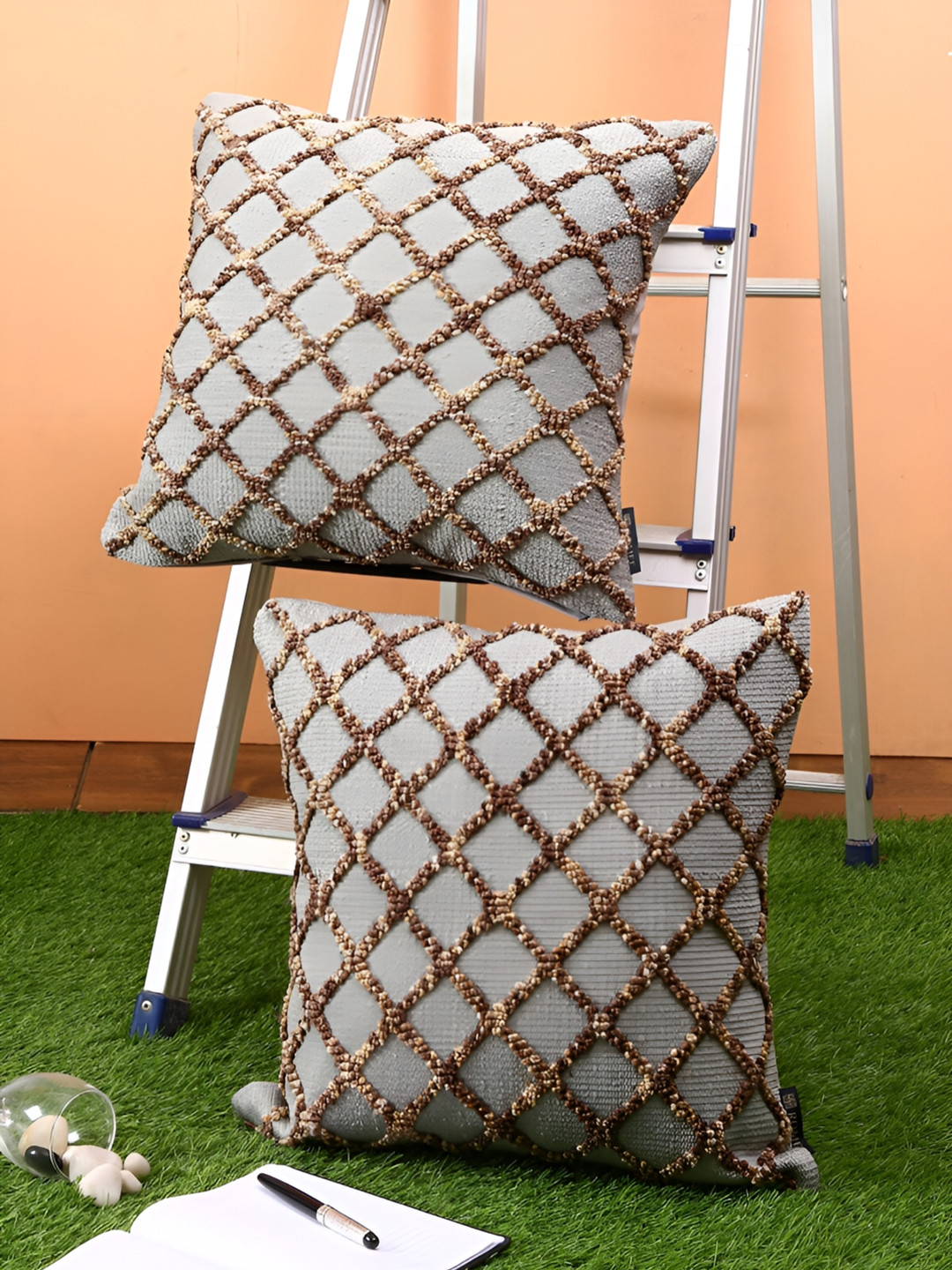 Aura Grey Geometric Other Washable 2 Piece Textured Square Cushion Covers - 18 x 18 Inches