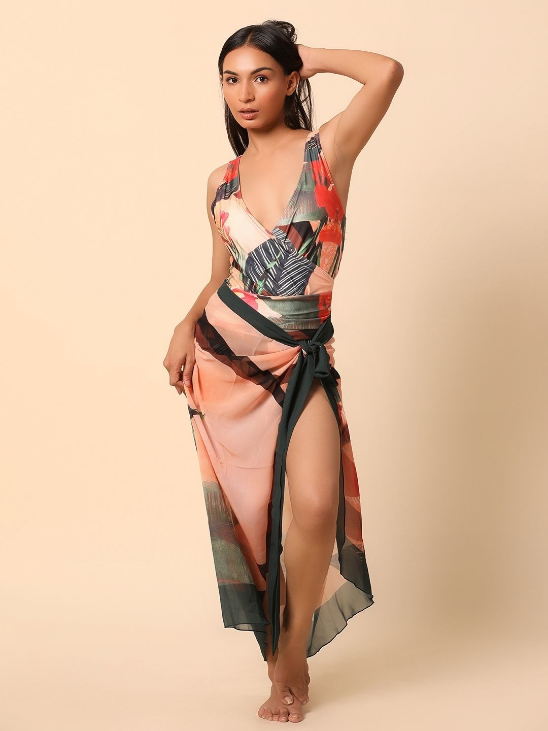 WomanLikeU Floral Printed Padded Swim Bodysuit With Cover-Up Sarong