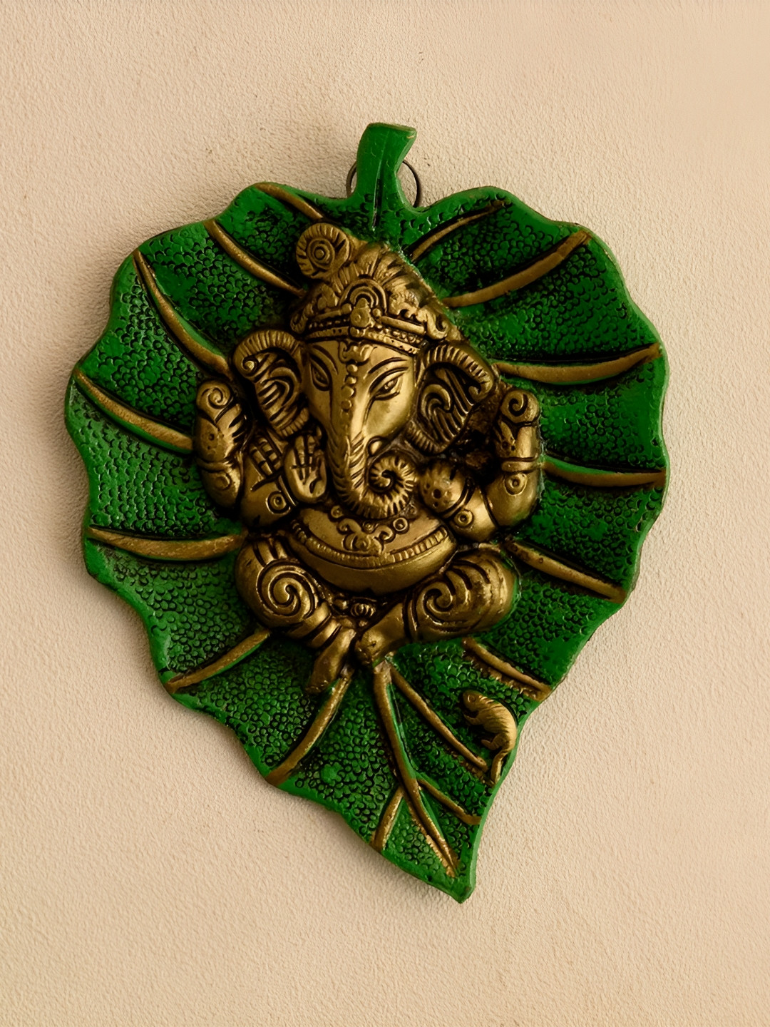 TECHEL Lord Ganesha on Green Leaf Metal Ethnic Motifs Glossy Spiritual Wall Decor-6.3In