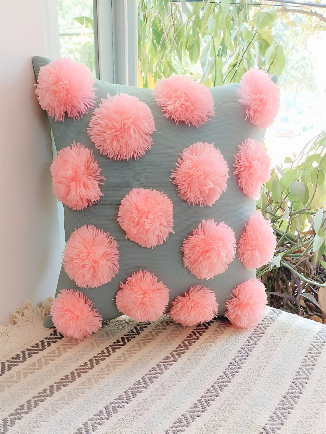 THROWPILLOW Grey Cotton Fade Resistant Embroidered Square Cushion Cover -24x24In