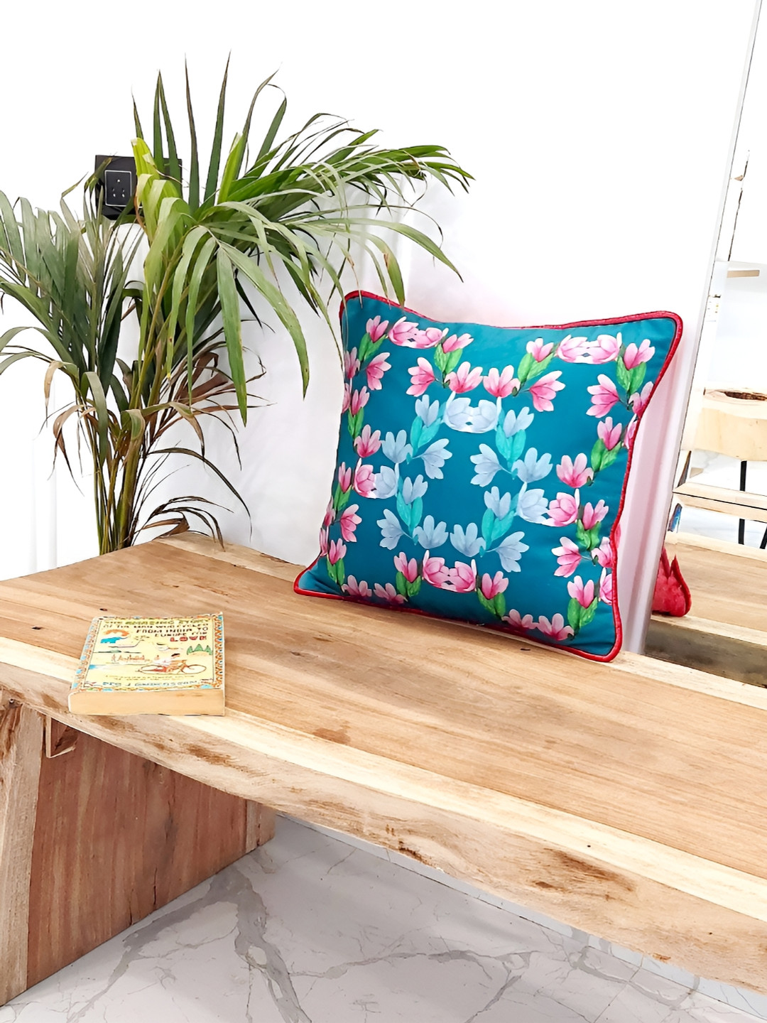 THROWPILLOW Teal Abstract Polyester Washable Embellished Square Cushion Cover -22x22In