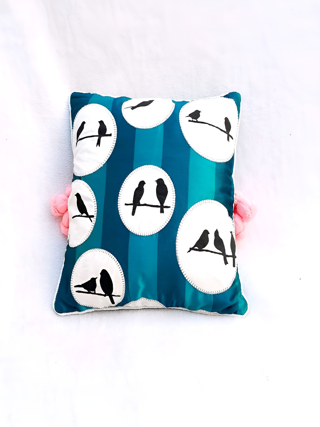 THROWPILLOW Teal Blue & White Abstract Printed Embroidered Square Cushion Cover