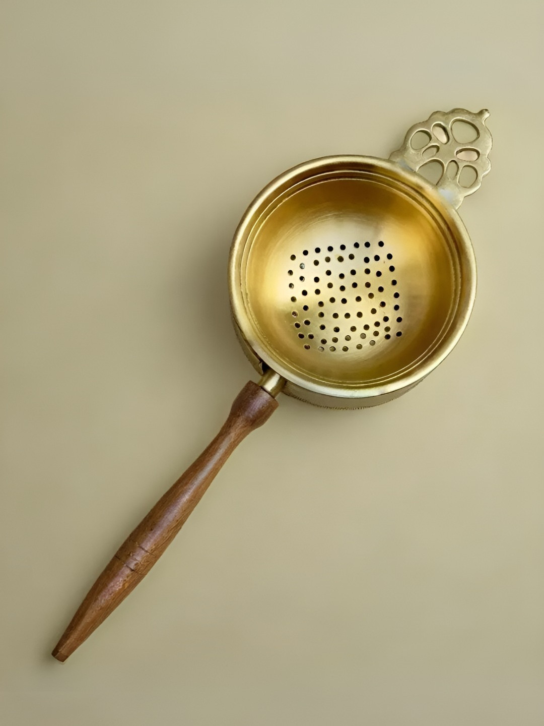 Peepul Tree Gold Toned Brass Tea Strainer With Bowl