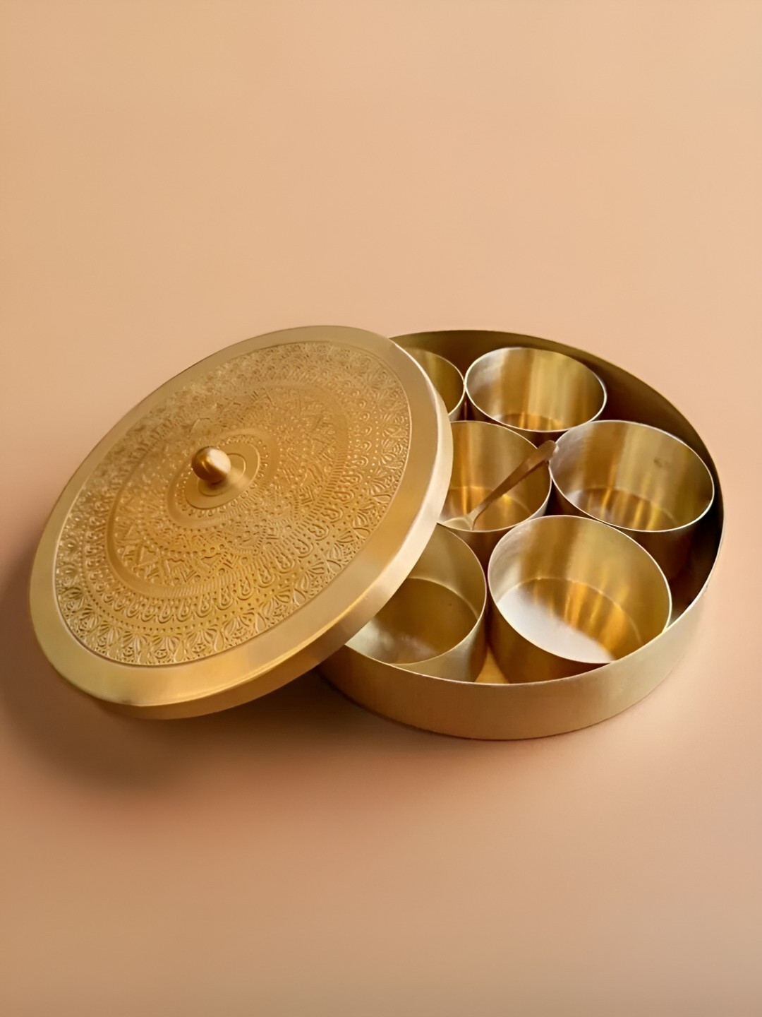 Peepul Tree Yellow Brass Textured Easy to Clean Masala Box