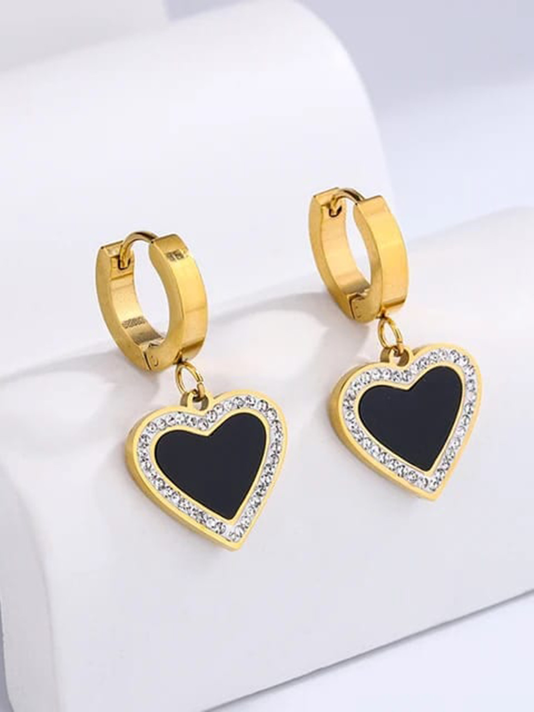 KRYSTALZ Gold-Plated Stainless Steel Stones Studded Hanging Heart Shaped Drop Earrings