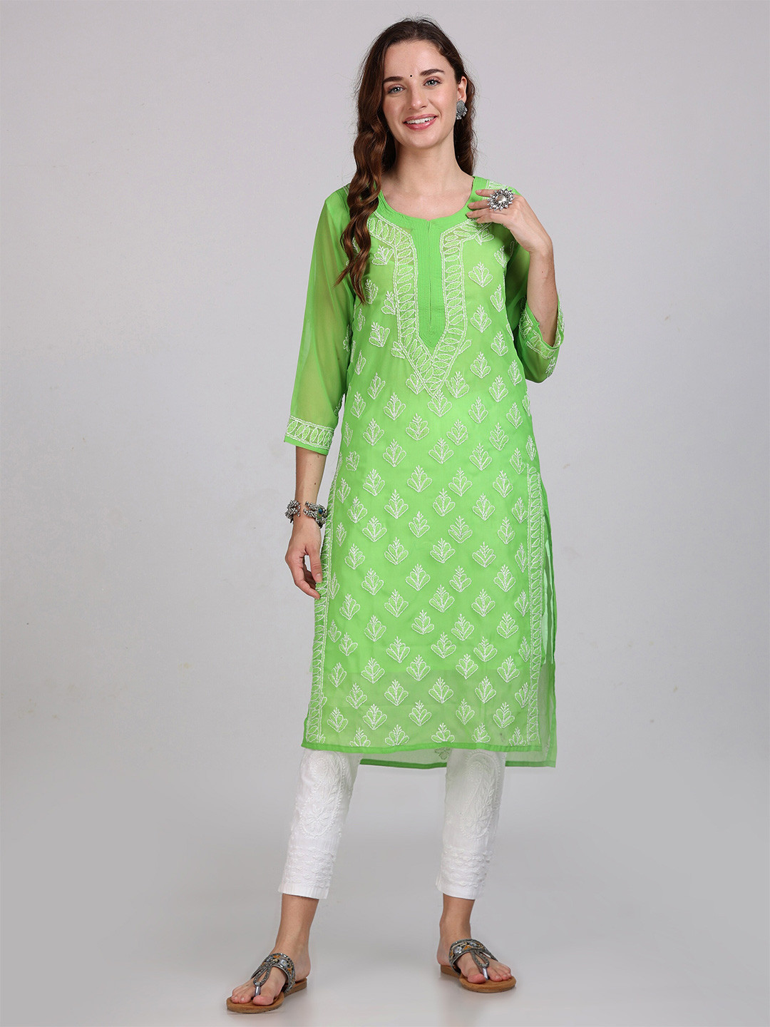 KHAKA Ethnic Motifs Embroidered Chikankari Straight Kurta