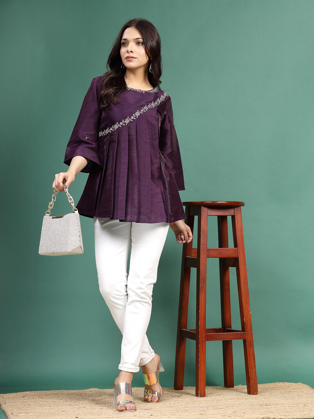 Sangria Floral Embroidered Pleated Top