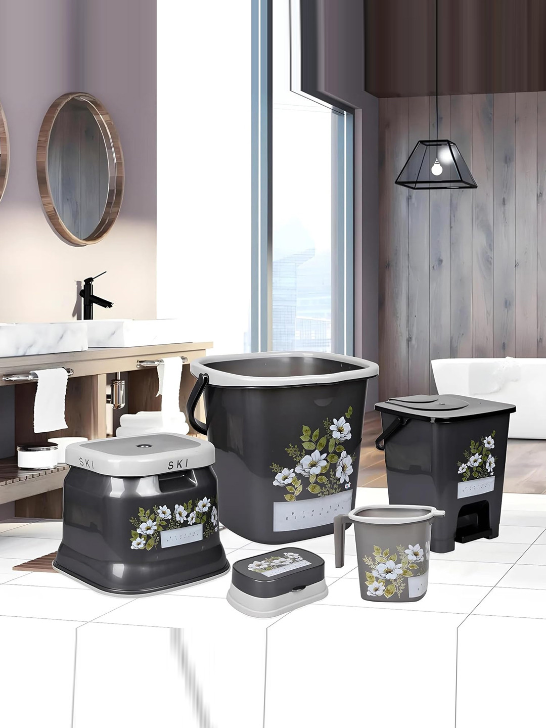 Kuber Industries Grey & Green 5 Piece Bath Accessories Set