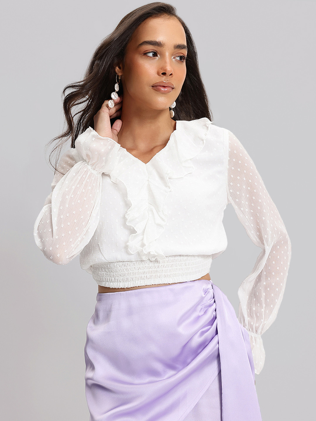 DressBerry Bohemian Schiffli Ruffled Dobby Blouson Top