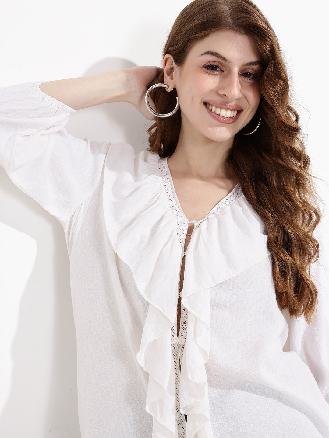 DressBerry Placket Ruffled with Button Detail With Puff Sleeve Top