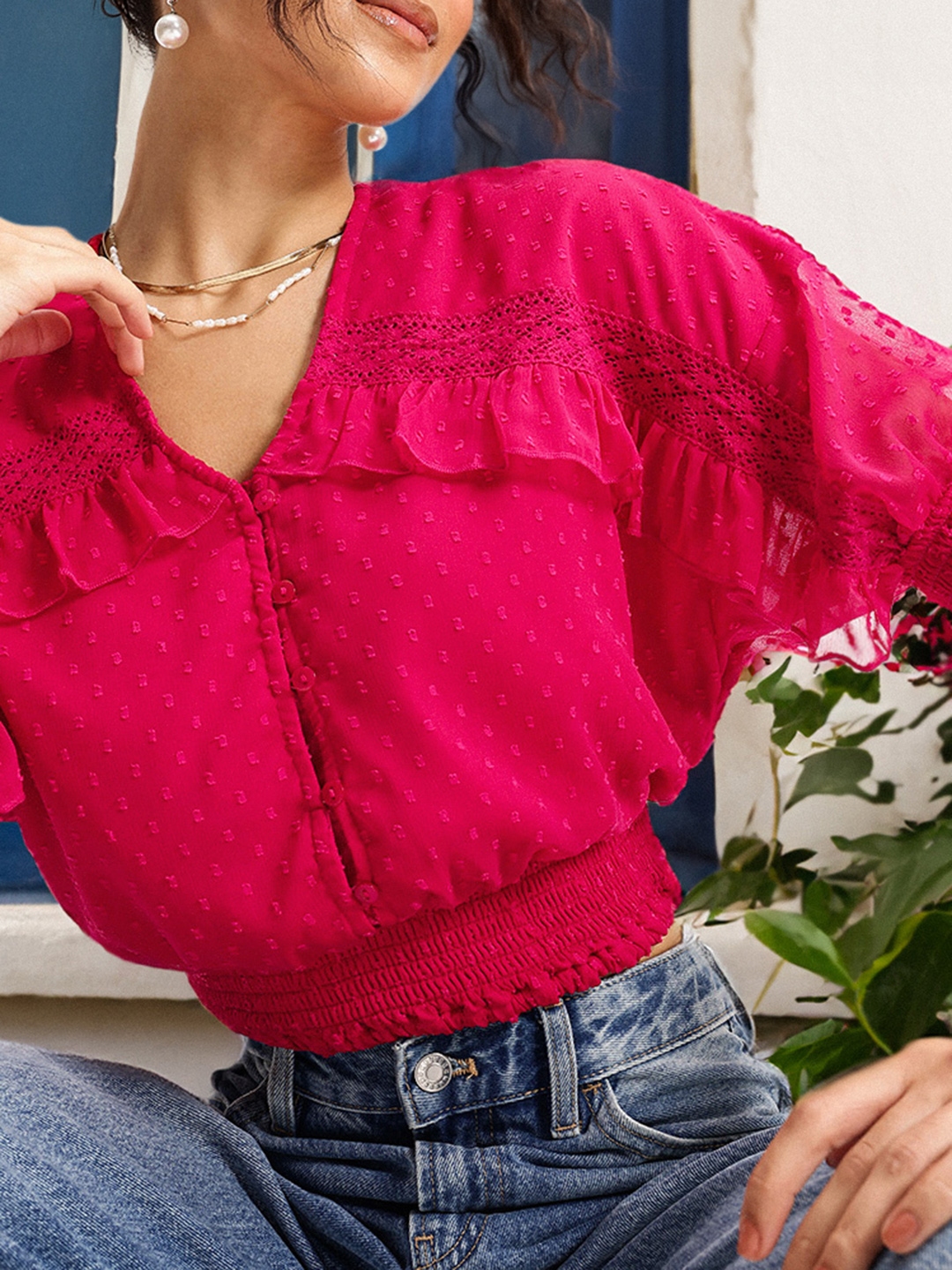 DressBerry Timeless Texture Ruffled Cinched Waist Top - Tops for Women 29346798 | Myntra