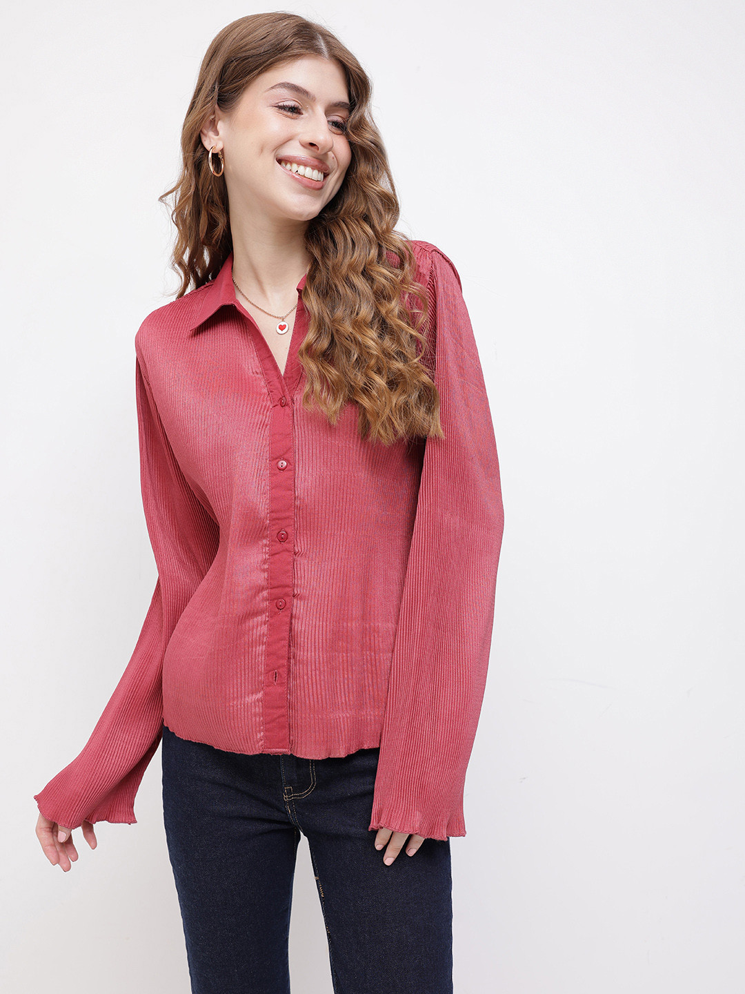 DressBerry Flared Sleeves Pleated Textured Relaxed Fit Shirt