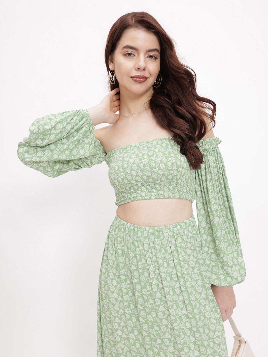 DressBerry Ditsy Floral Smocked Bardot Blitz Crop Top