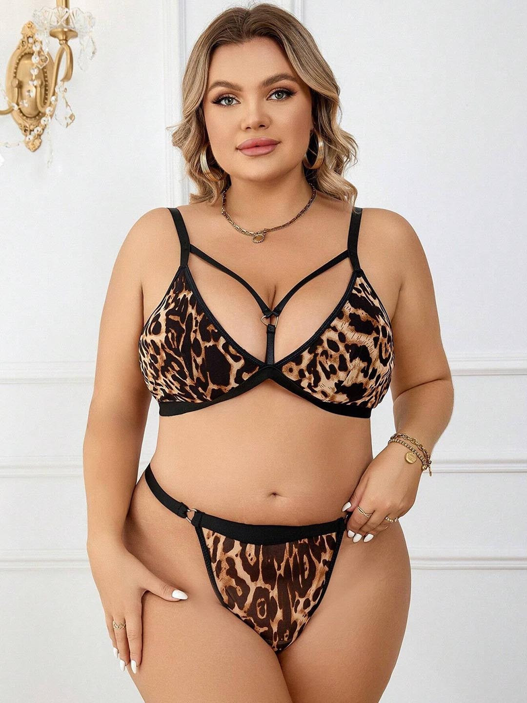 SSoShHub Abstract Printed Strappy Garter Belt Lingerie Set-leopard