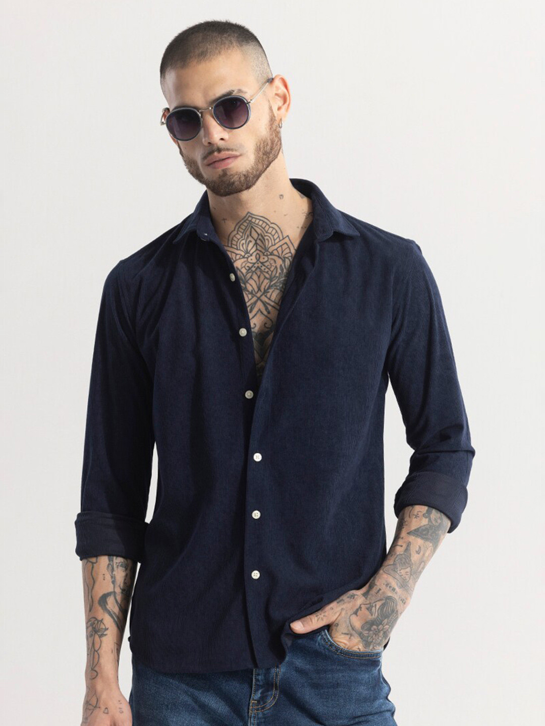 Snitch Nay Blue Straight Slim Fit Opaque Casual Shirt