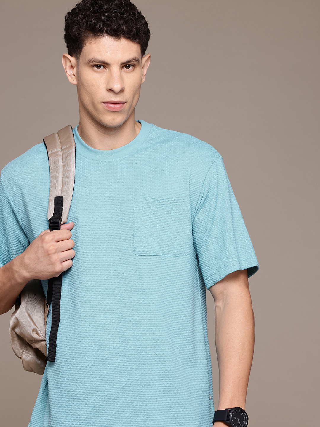 The Roadster Lifestyle Co. Textured Relaxed Fit T-shirt with Patch Pocket