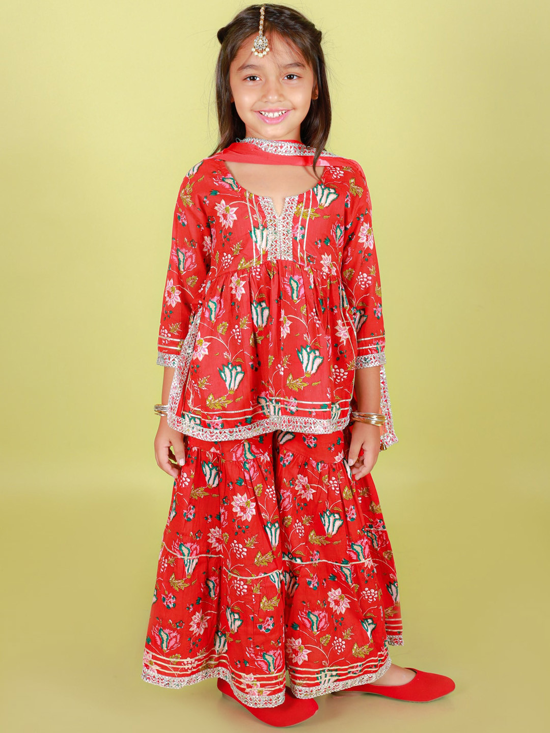 Stuffie Land Girls Floral Printed Empire Pure Cotton Anarkali Kurti & Sharara With Dupatta