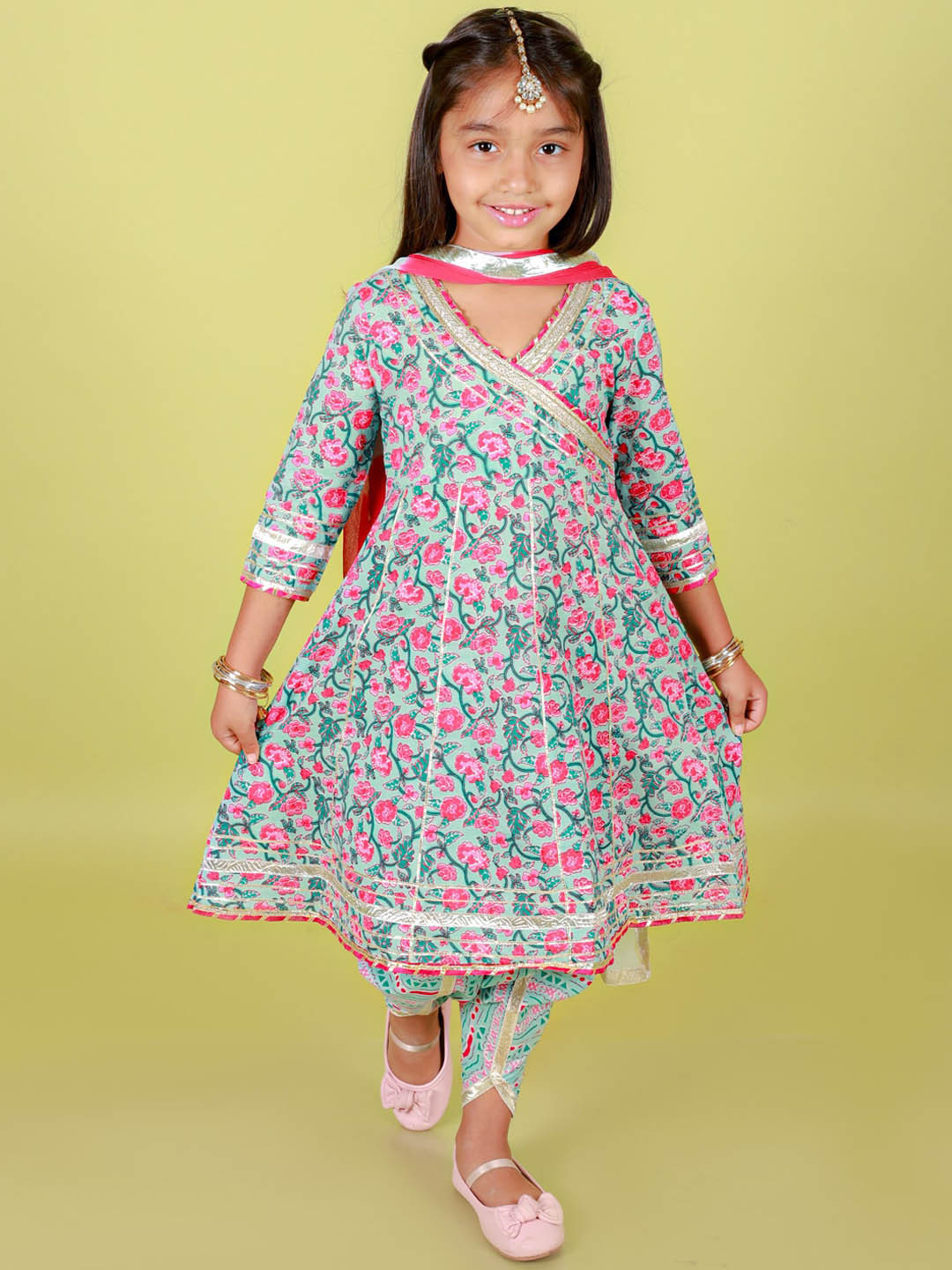 Stuffie Land Girls Floral Printed Angrakha Cotton Anarkali Kurta & Salwar With Dupatta