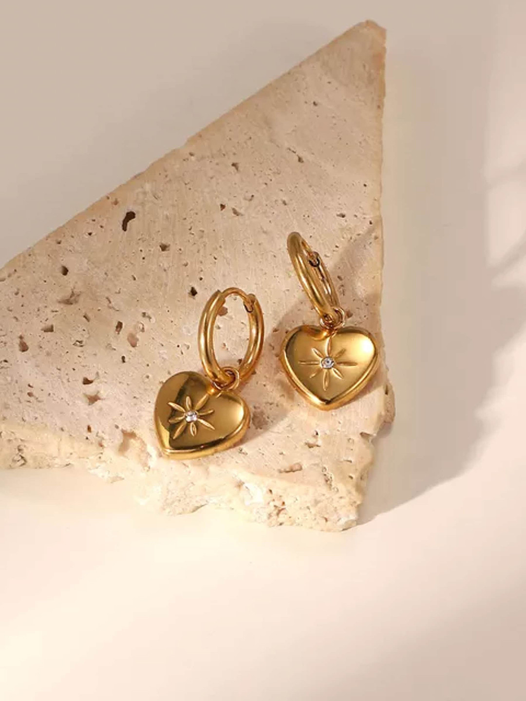 Avyana Gold Plated Stainless Steel Heart Shaped Cubic Zirconia Drop Earrings