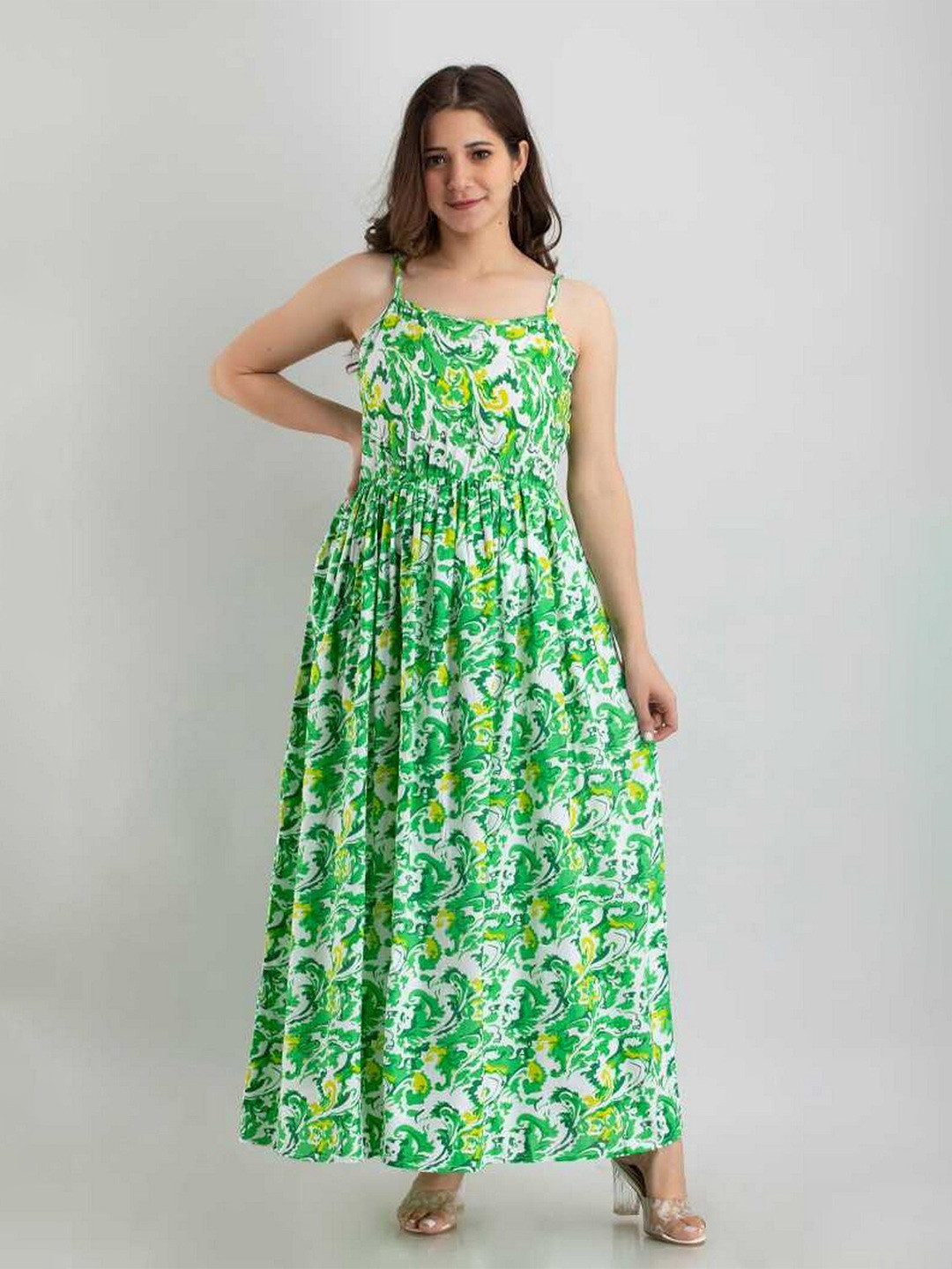 TRENDSWILL Floral Printed Shoulder Straps Gathered Cotton Maxi Fit & Flare Dress